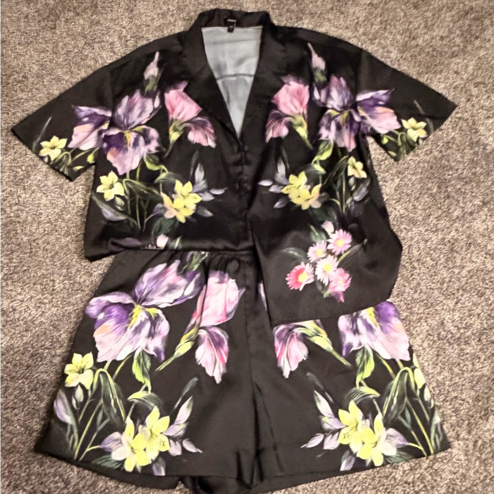 Express Black and floral Satin Top & Short Set